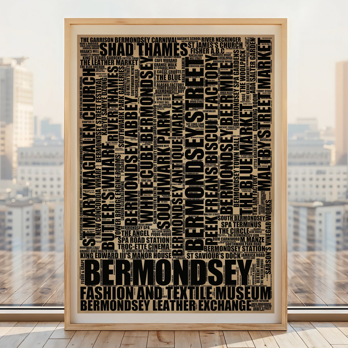 Bermondsey word art print, rustic portrait, typographic Bermondsey wall art in a light wood frame