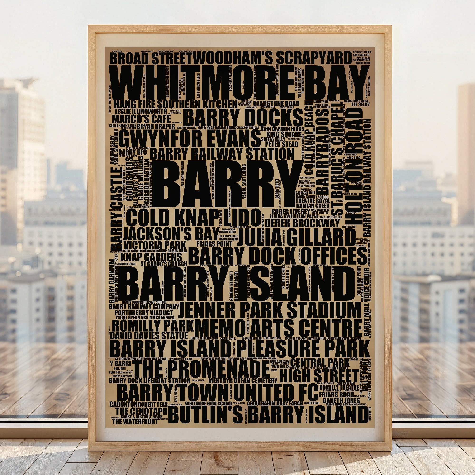 Barry word art print, rustic portrait, typographic Barry wall art in a light wood frame