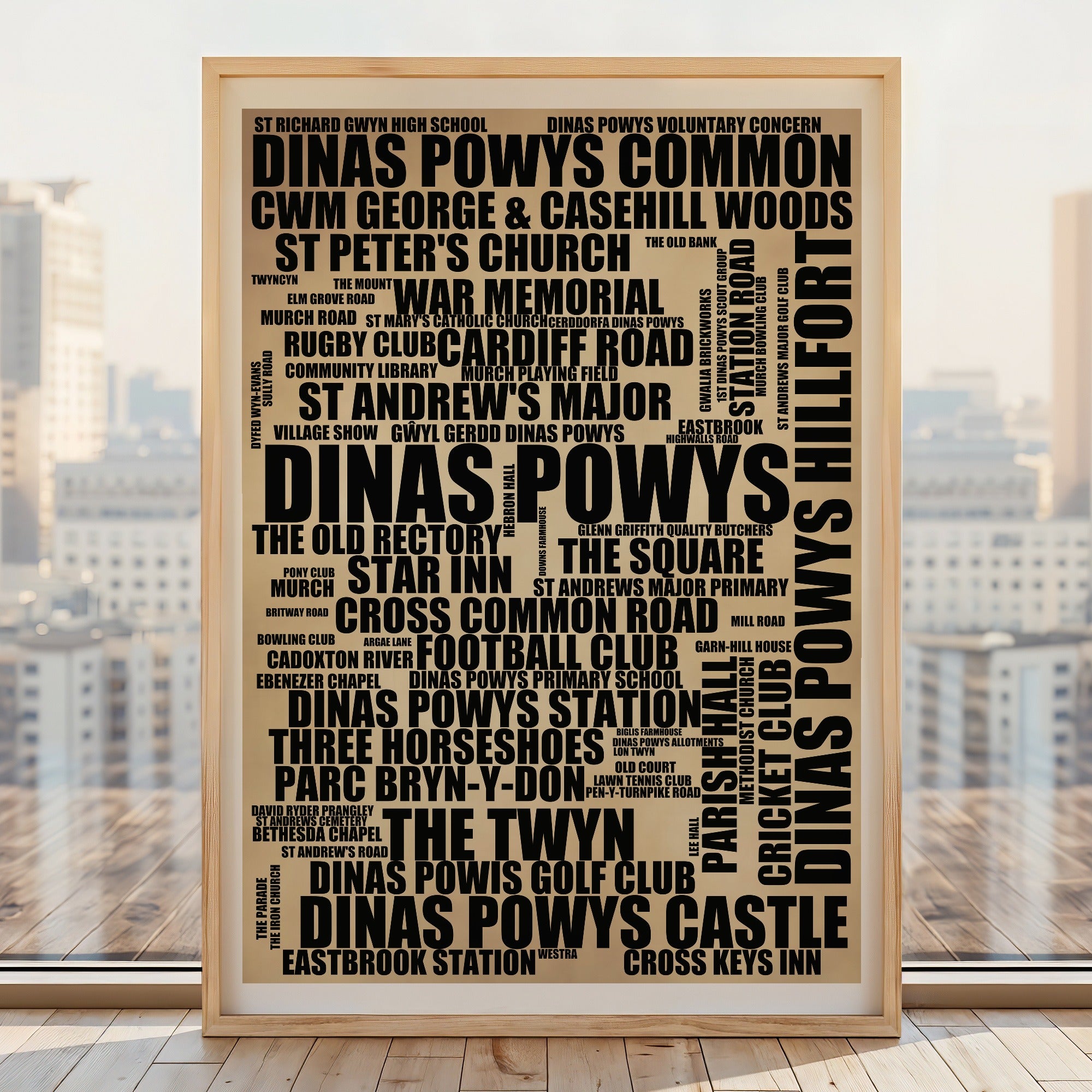 Dinas Powys word art print, rustic portrait, typographic Dinas Powys wall art in a light wood frame