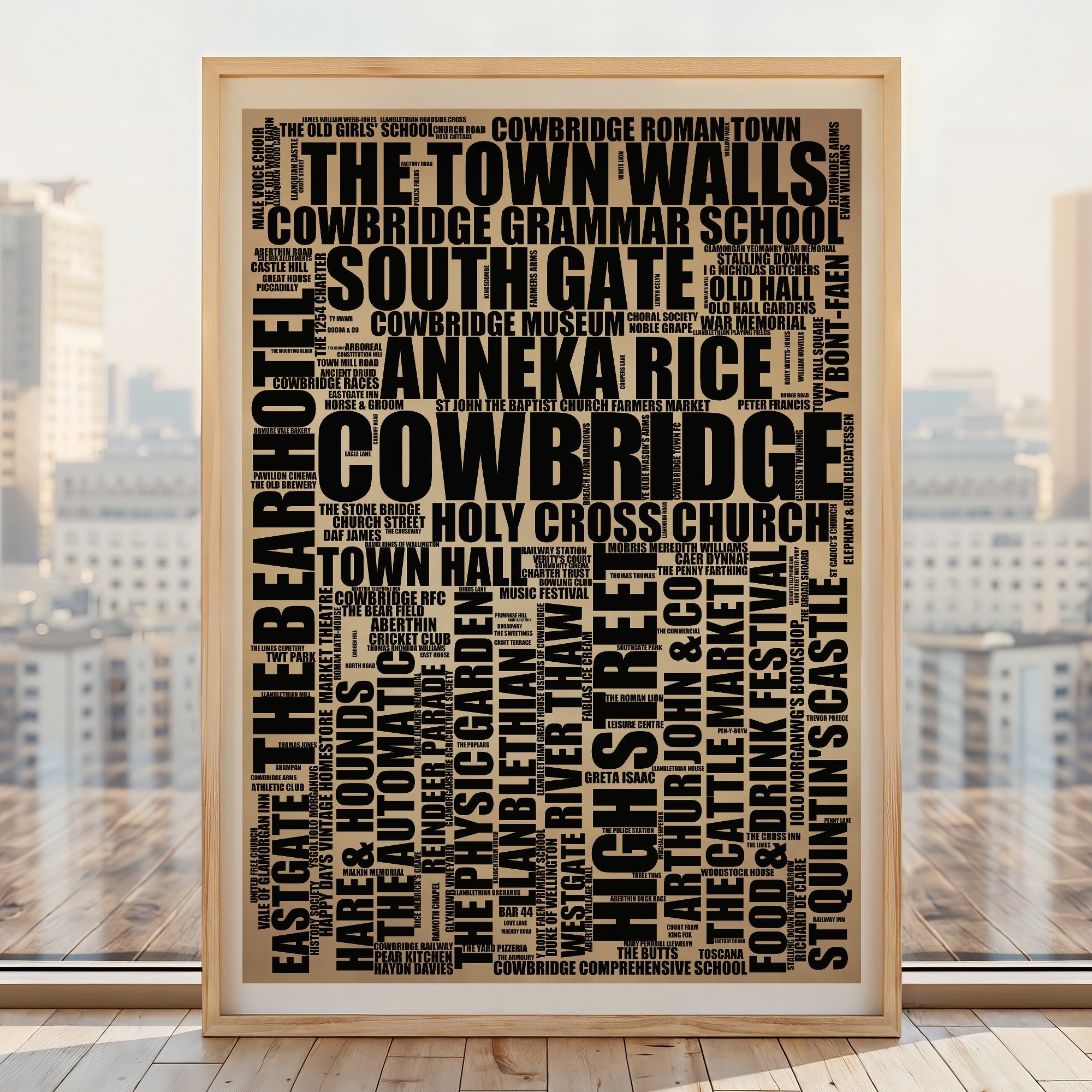 Cowbridge word art print, rustic portrait, typographic Cowbridge wall art in a light wood frame