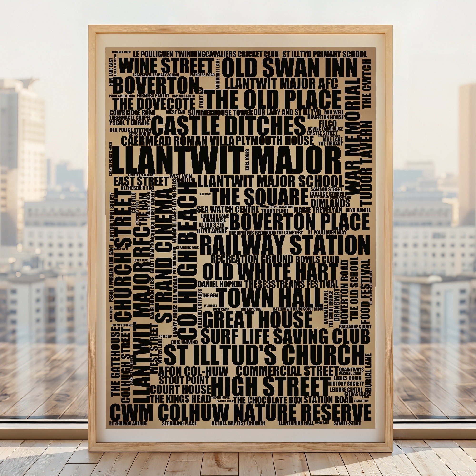 Llantwit Major word art print, rustic portrait, typographic Llantwit Major wall art in a light wood frame