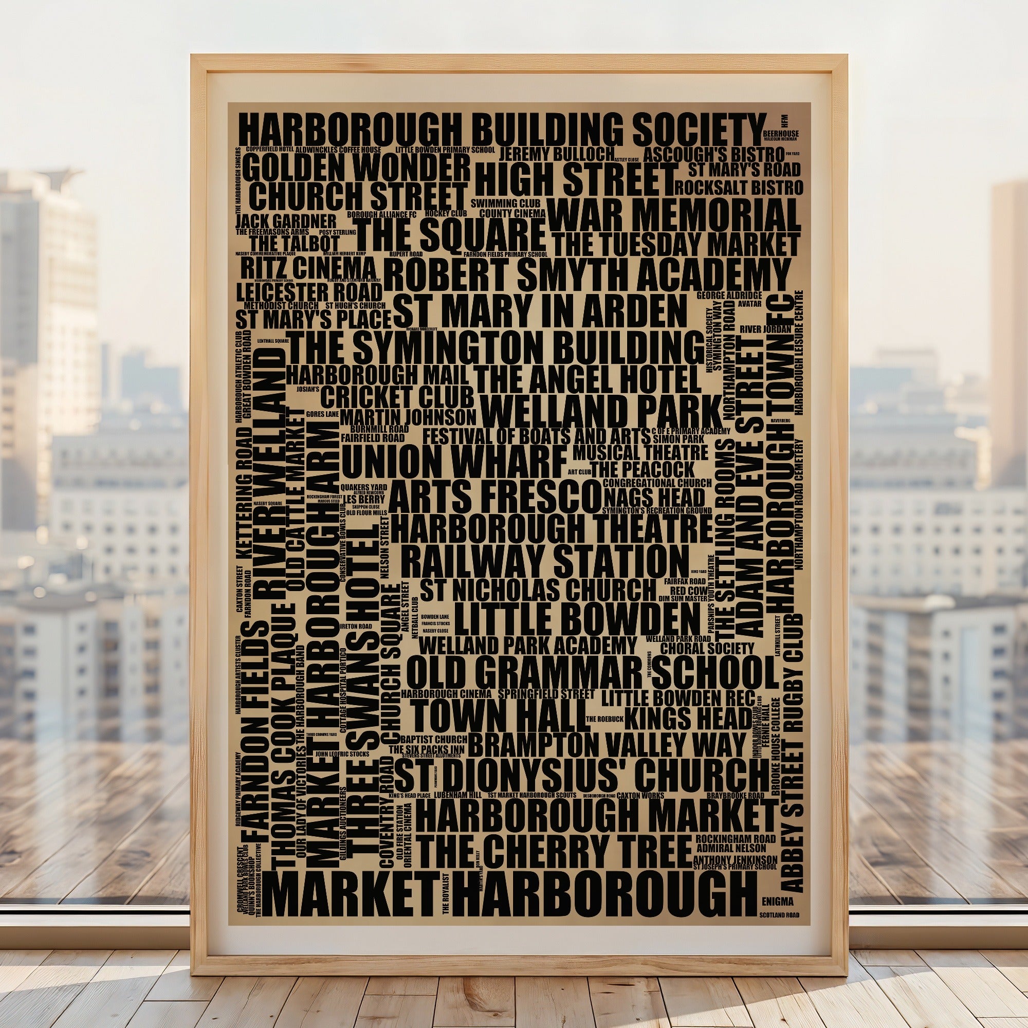 Market Harborough word art print, rustic portrait, typographic Market Harborough wall art in a light wood frame