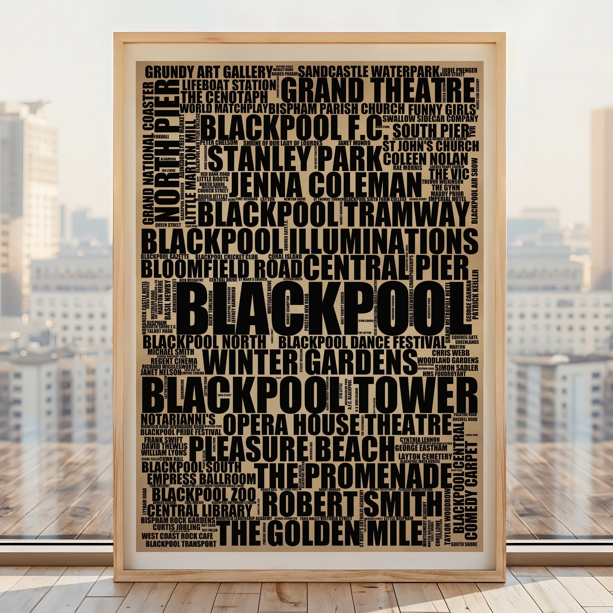 Blackpool word art print, rustic portrait, typographic Blackpool wall art in a light wood frame
