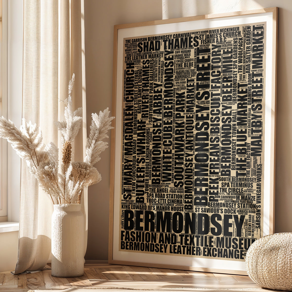 Bermondsey word art print in a framed room mockup, rustic portrait poster of 390 local names celebrating Bermondsey including Bermondsey Beer Mile and Southwark Park