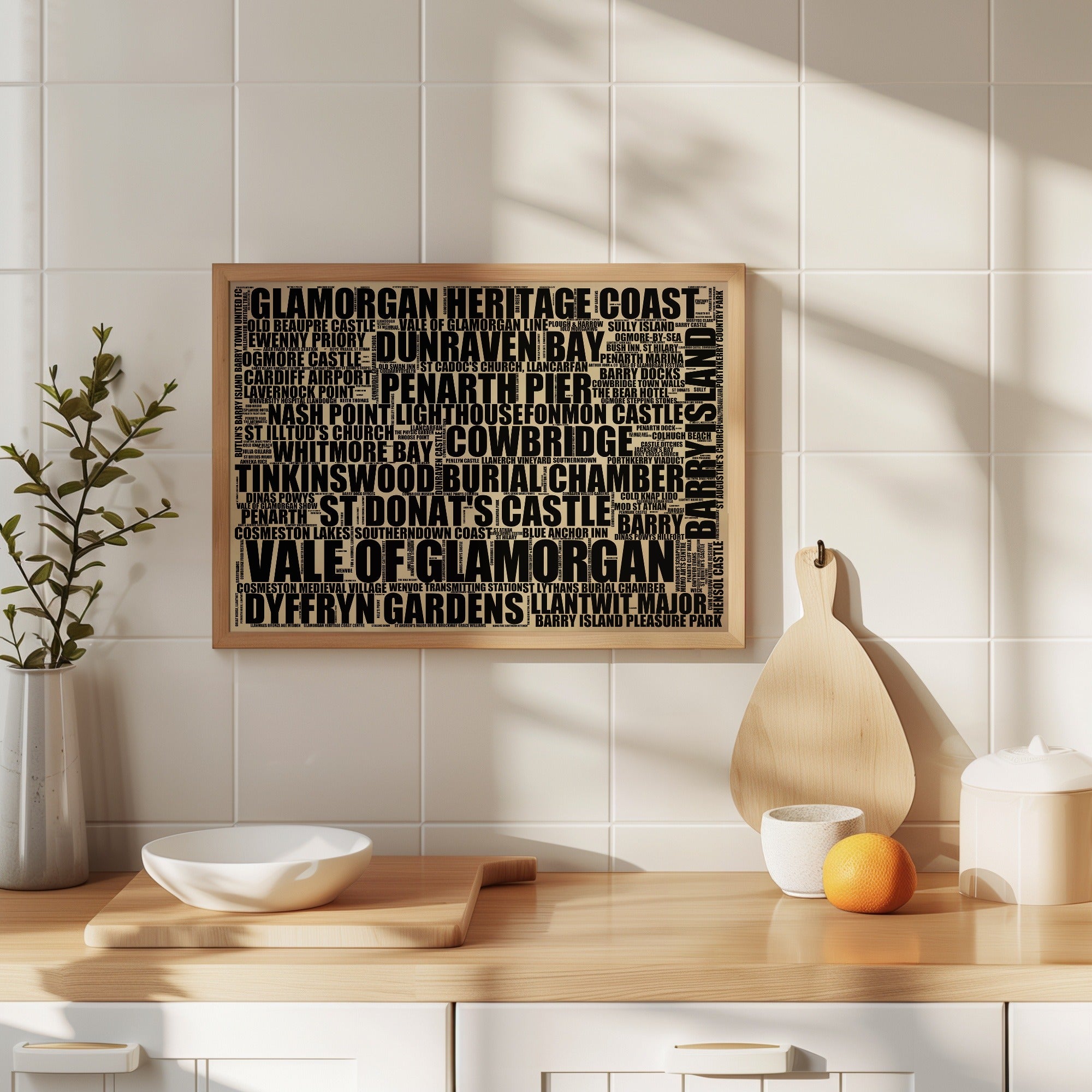 Vale Of Glamorgan landscape word art print in a kitchen, rustic Vale Of Glamorgan typography poster