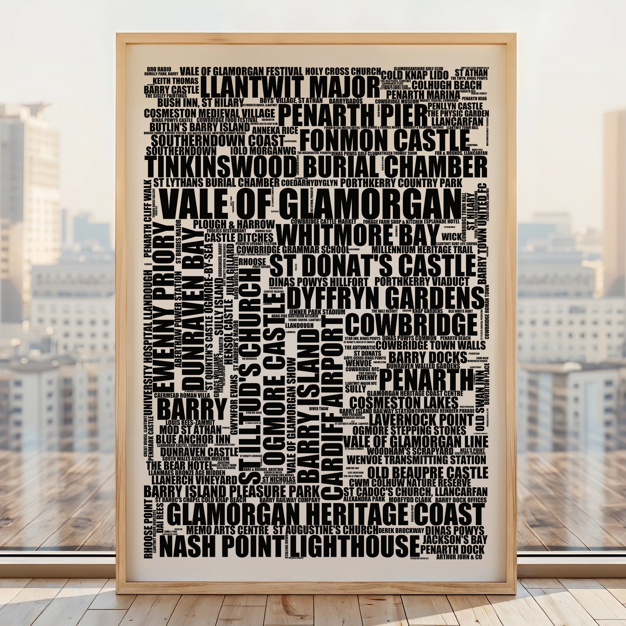 Vale Of Glamorgan word art print, white portrait, monochrome Vale Of Glamorgan typography poster in a light wood frame