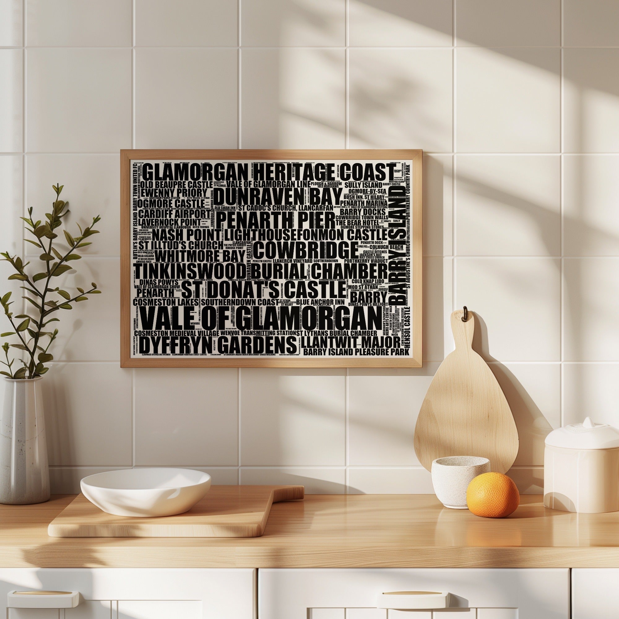 Vale Of Glamorgan landscape word art print, white, monochrome Vale Of Glamorgan wall art in a kitchen